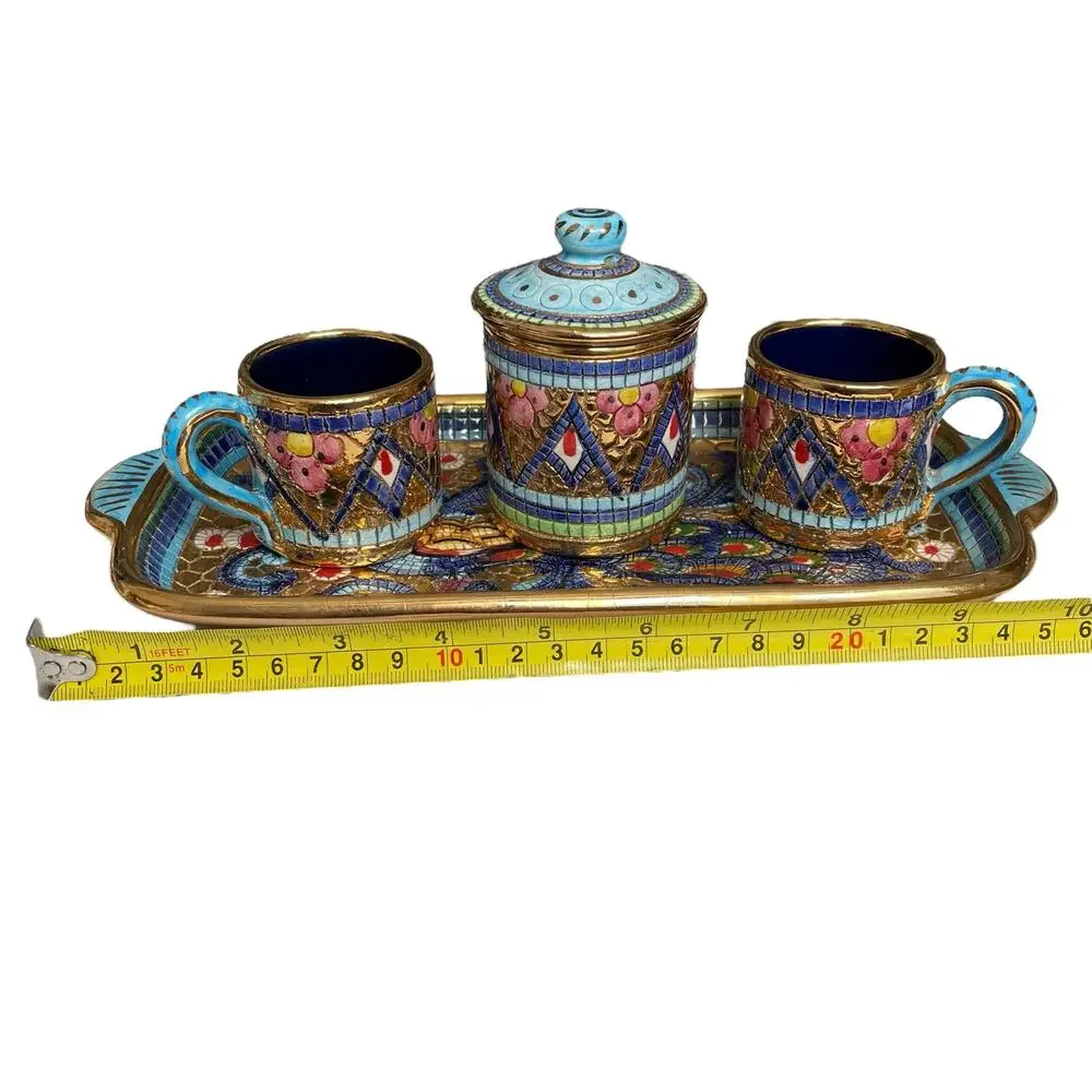 Italian Mosaic Espresso Set Byzantine Peacock Catania 24K Accent Tray Cup Sugar